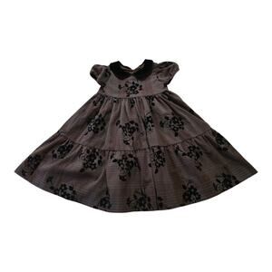 Laura Ashley London Girls Dress Size 4 Brown Plaid Black Velvet Collar & Flowers